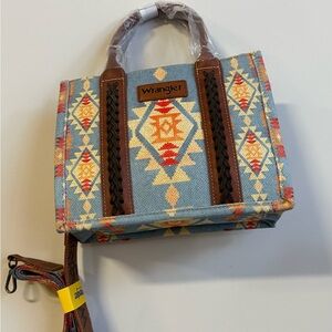 Wrangler Light Blue Aztec Tote with Brown Trim